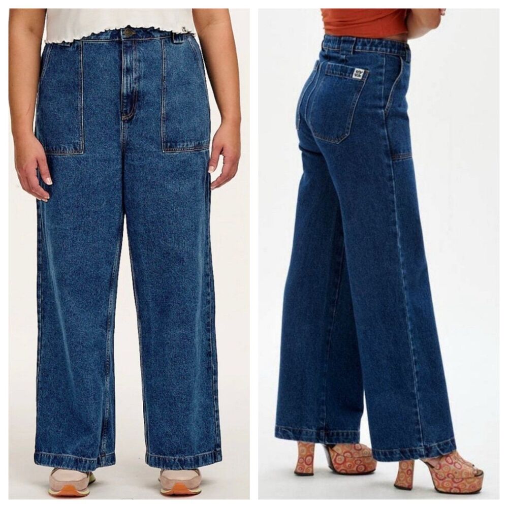 Lucy & Yak Delores Wide Leg Utility Blue Jeans Size 32R 100% Organic Cotton